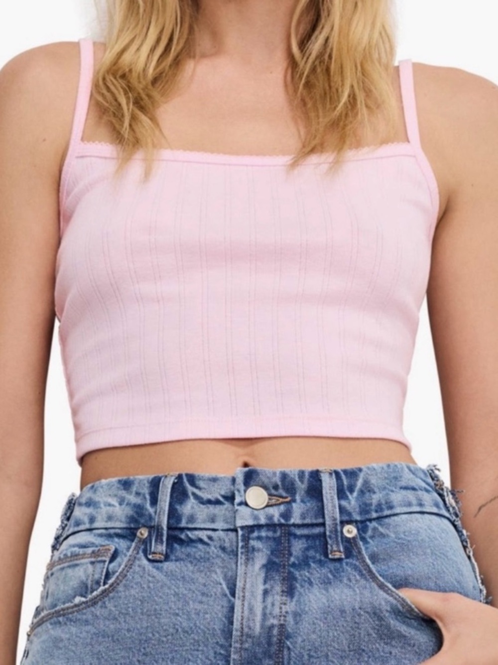 Good American Pink Pointelle Cropped Camisole Top, Women's Size‎ L